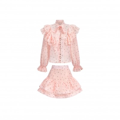 BELLA BARNETT SAHARA RUFFLEDE DOT PRINTED BOWKNOT TOP AND SKIRT TWO-PIECE SET 